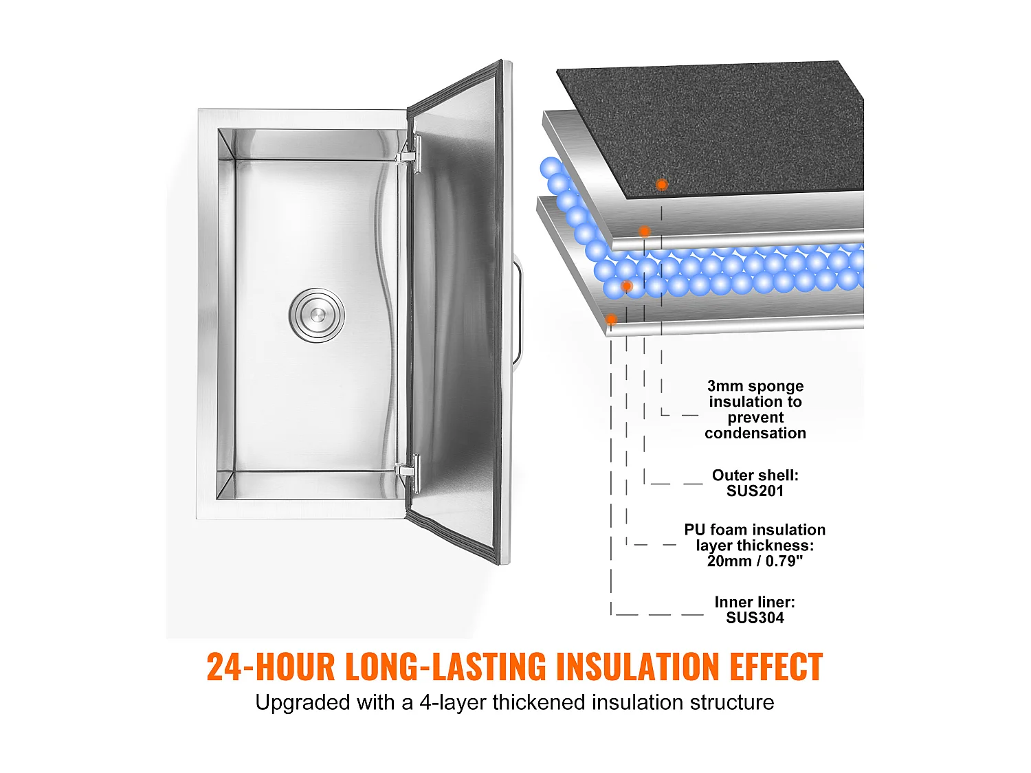 Seau à Glace SucceBuy 78,37 L 61x51x38 cm, Glacière Drop-in en Acier Inoxydable, avec Couvercle à Charnière, pour la Cuisine Extérieure