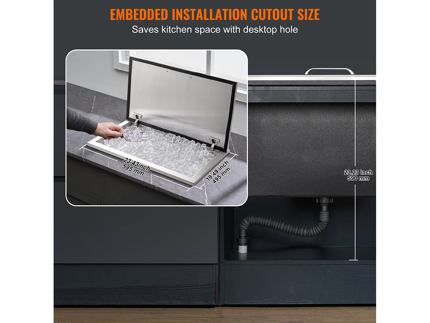 Seau à Glace SucceBuy 78,37 L 61x51x38 cm, Glacière Drop-in en Acier Inoxydable, avec Couvercle à Charnière, pour la Cuisine Extérieure