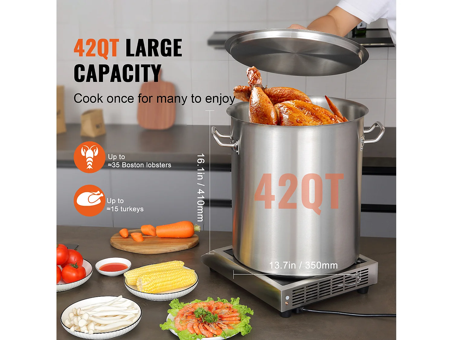 Marmite en Acier Inoxydable SucceBuy de 42 L - Grande Marmite de Cuisine avec Couvercle, Idéale pour Cuisson en Grande Quantité et Restauration