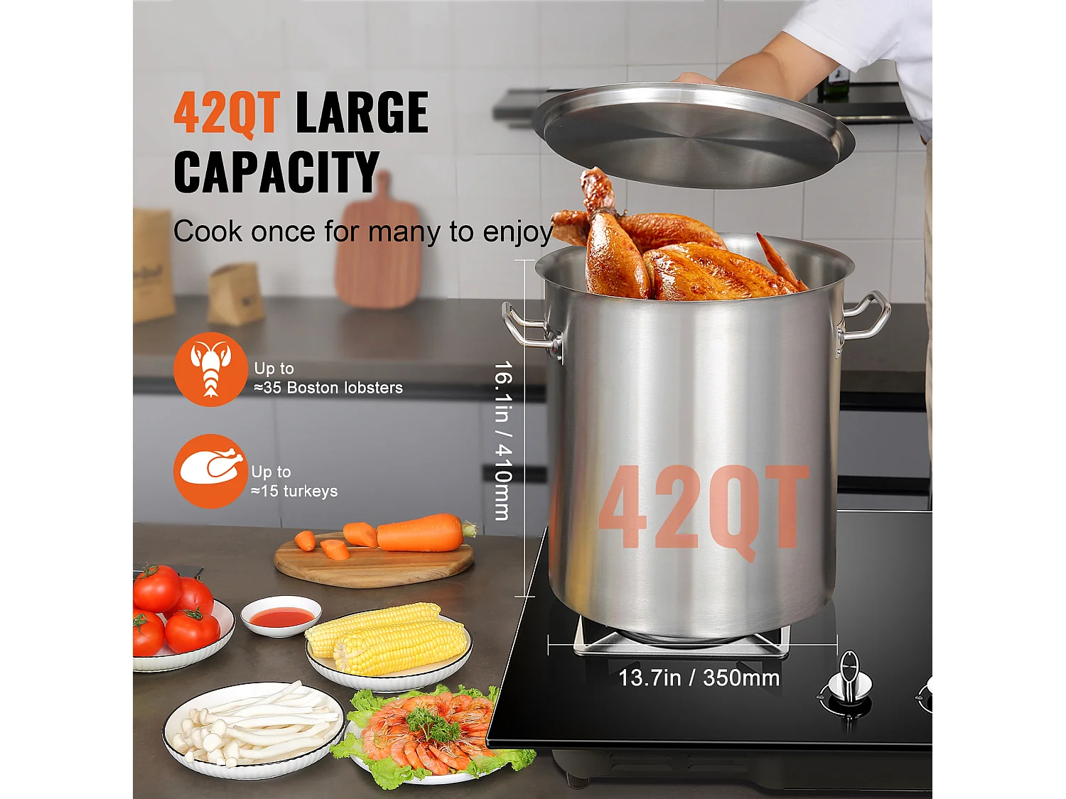 RVS Pot SucceBuy van 42 L met Zeef en Deksel voor het Koken, Perfect voor Culinaire Bereidingen en Evenementen