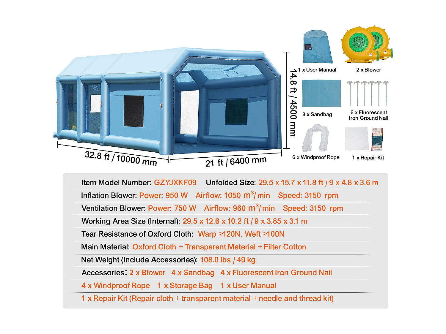 Cabine de Peinture Gonflable SucceBuy Cabine de Peinture Gonflable 9.99 x 6.4 x 4.51 m Cabine de Pulvérisation Gonflable 1100 W + 750 W