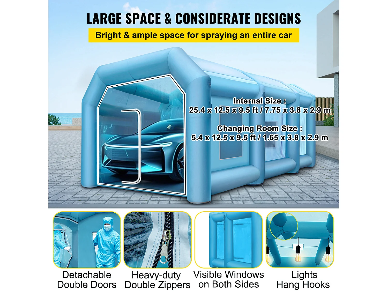Cabine de Peinture Gonflable SucceBuy Cabine de Pulvérisation Gonflable 10.05 x 4.99 x 3.5 m pour Peinture Automobile avec 2 Souffleurs