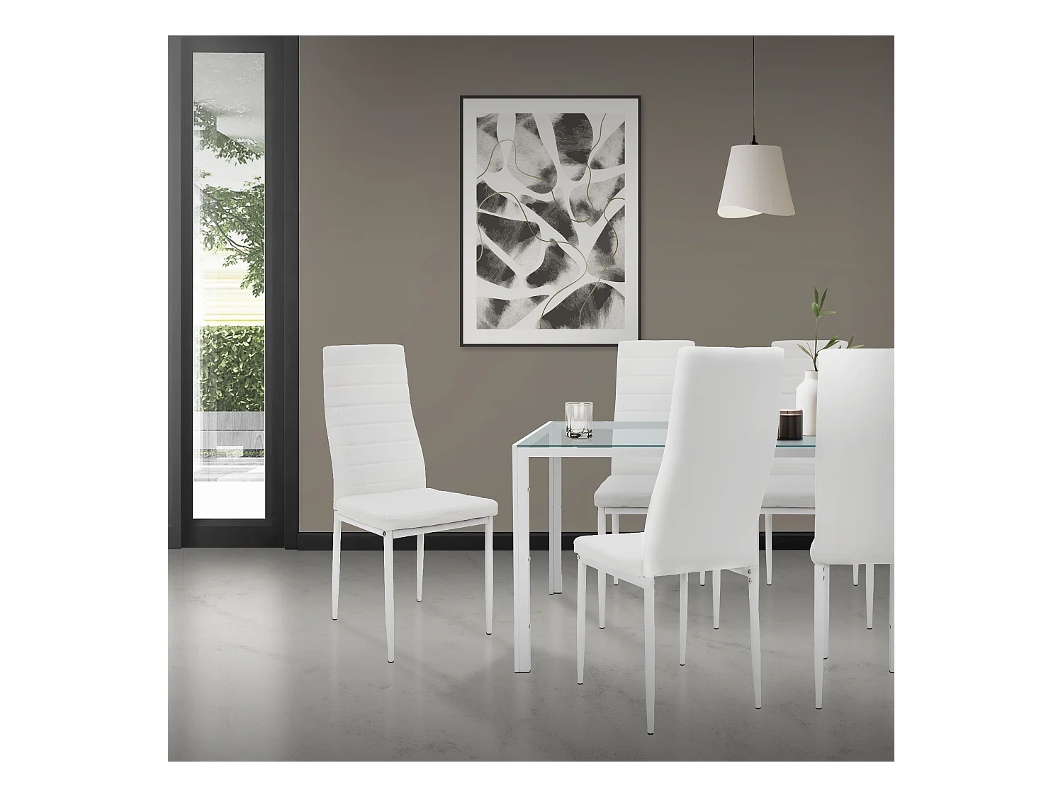 Lot de 4 chaises de salle à manger blanc avec dossier haut rembourrées en simili pieds en acier patins de protection de sol inclus charge de 120 kg