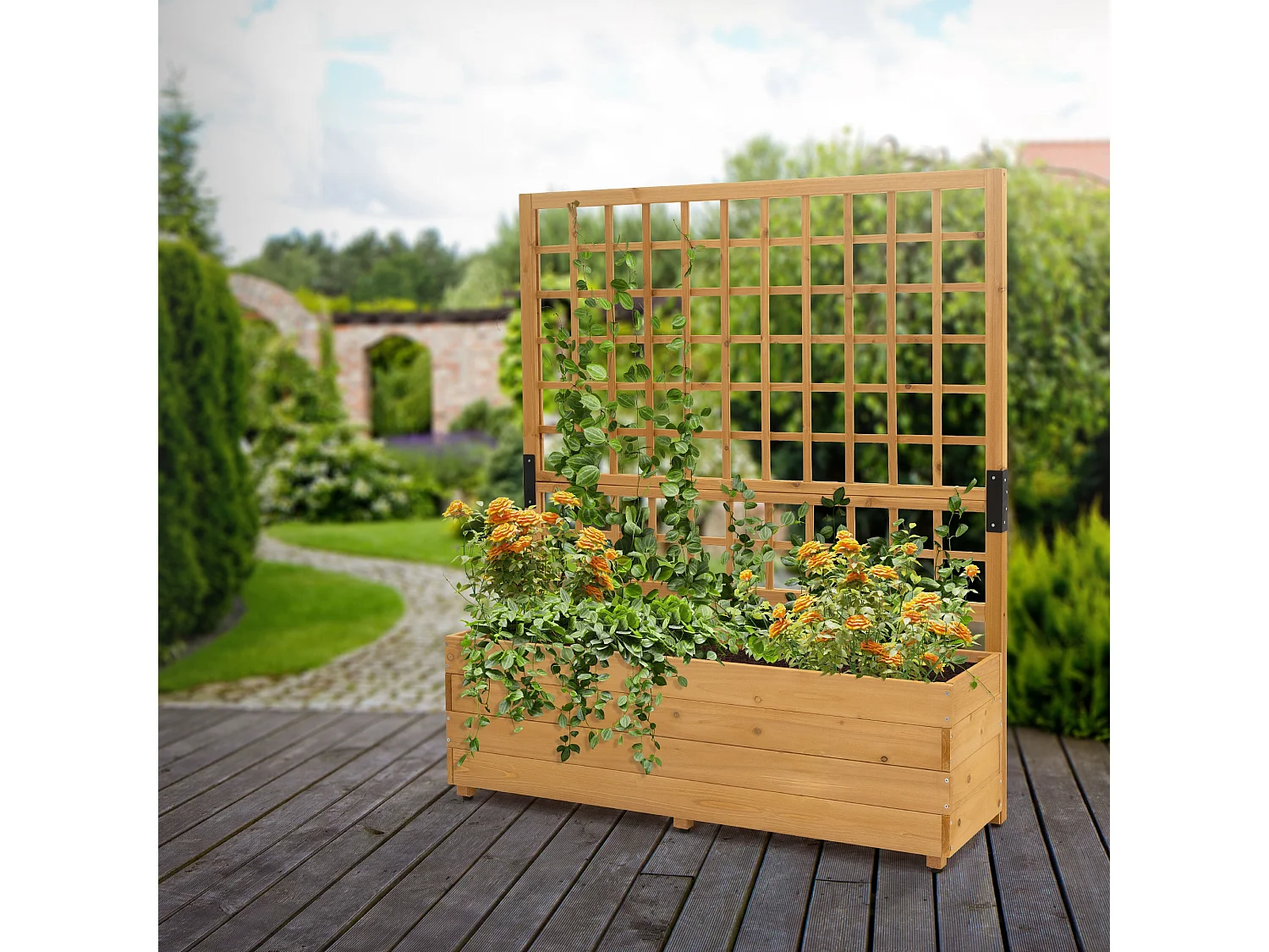 Jardinière avec treillis 119,5 × 139 × 36,5 cm marron en bois massif pour plantes grimpantes et  bac à fleurs ou surélevé ideal pour balcon ou Jardin