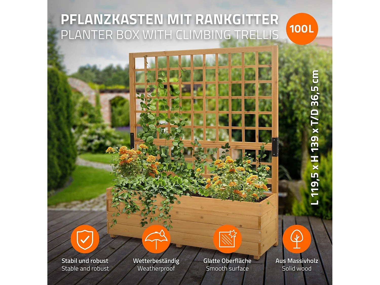 Jardinière avec treillis 119,5 × 139 × 36,5 cm marron en bois massif pour plantes grimpantes et  bac à fleurs ou surélevé ideal pour balcon ou Jardin