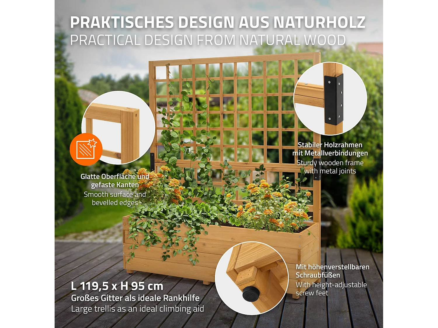 Jardinière avec treillis 119,5 × 139 × 36,5 cm marron en bois massif pour plantes grimpantes et  bac à fleurs ou surélevé ideal pour balcon ou Jardin