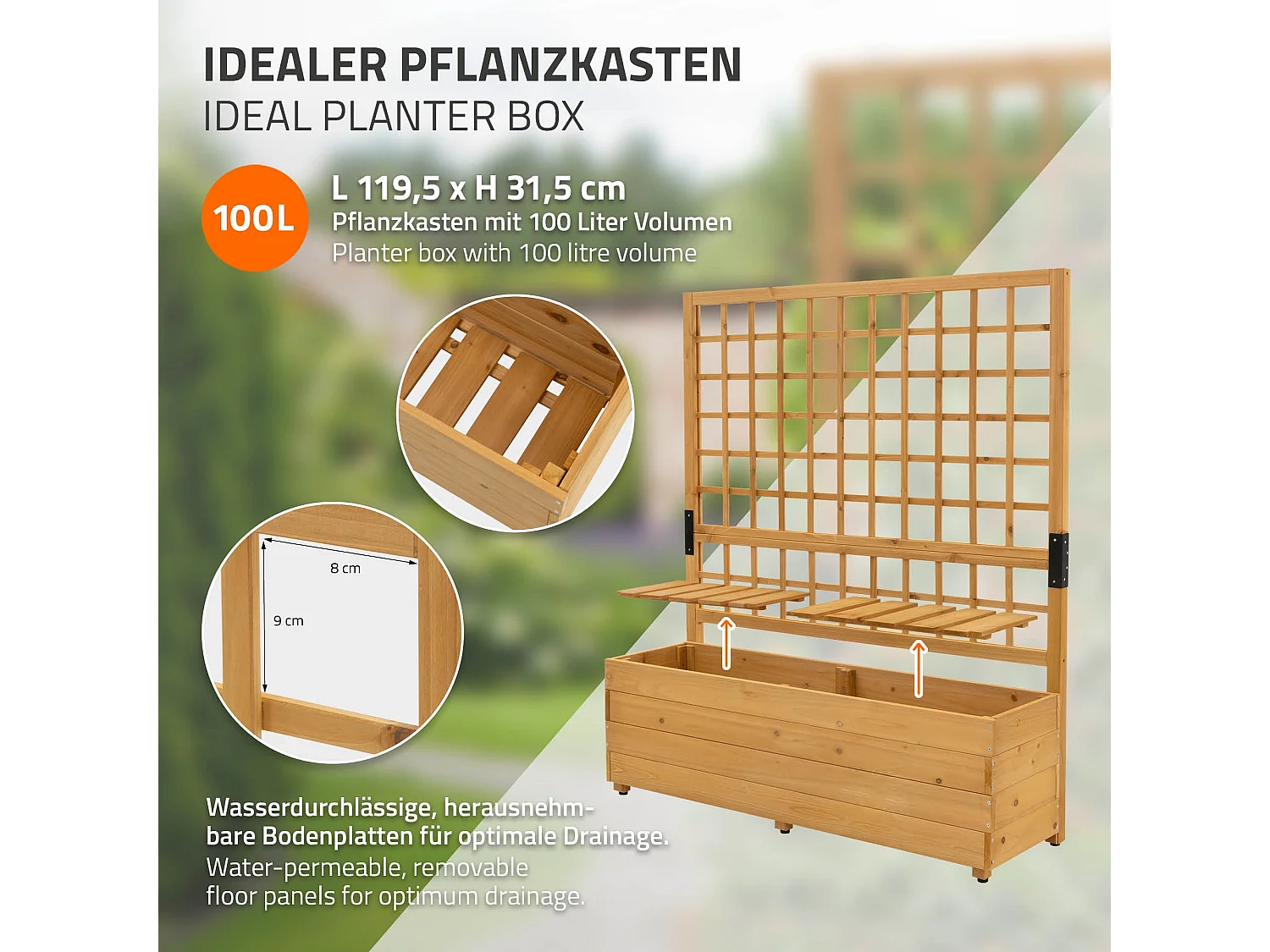 Jardinière avec treillis 119,5 × 139 × 36,5 cm marron en bois massif pour plantes grimpantes et  bac à fleurs ou surélevé ideal pour balcon ou Jardin