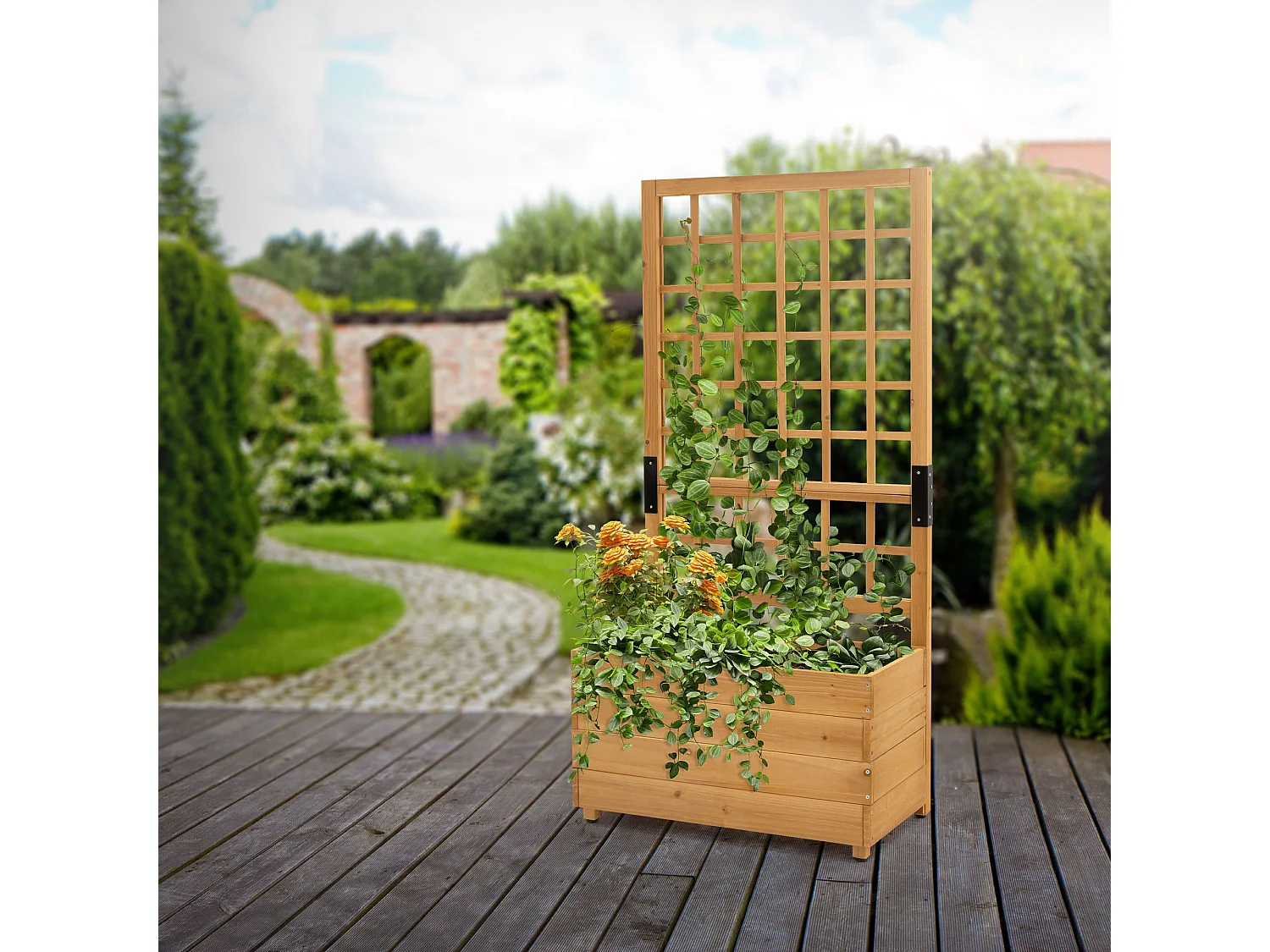 ML-Design Fioriera con grigliato 67,5x139x36,5cm marrone in legno massello vaso da esterno con spalliera per rampicanti per balcone giardino terrazzo