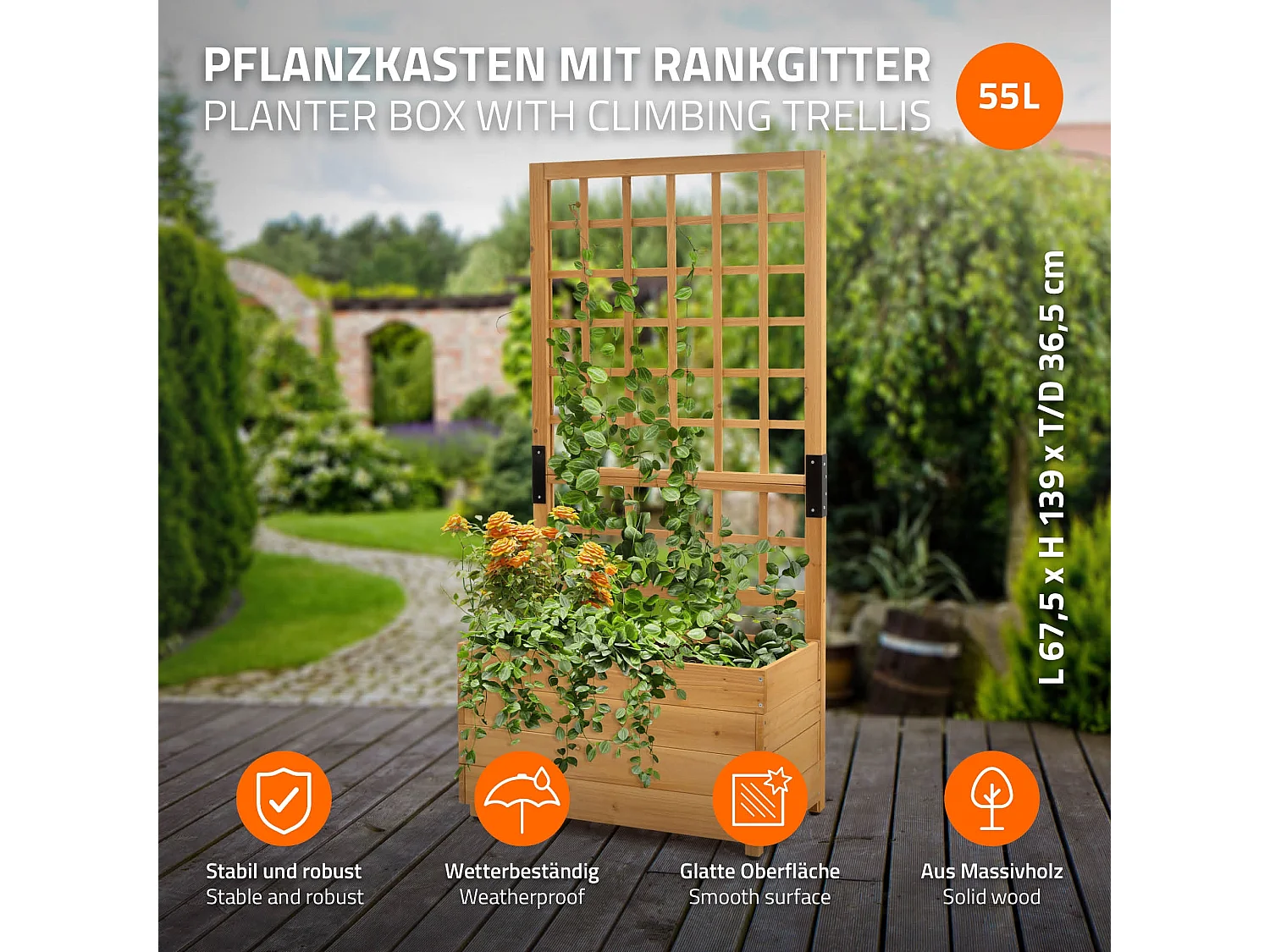 ML-Design Fioriera con grigliato 67,5x139x36,5cm marrone in legno massello vaso da esterno con spalliera per rampicanti per balcone giardino terrazzo