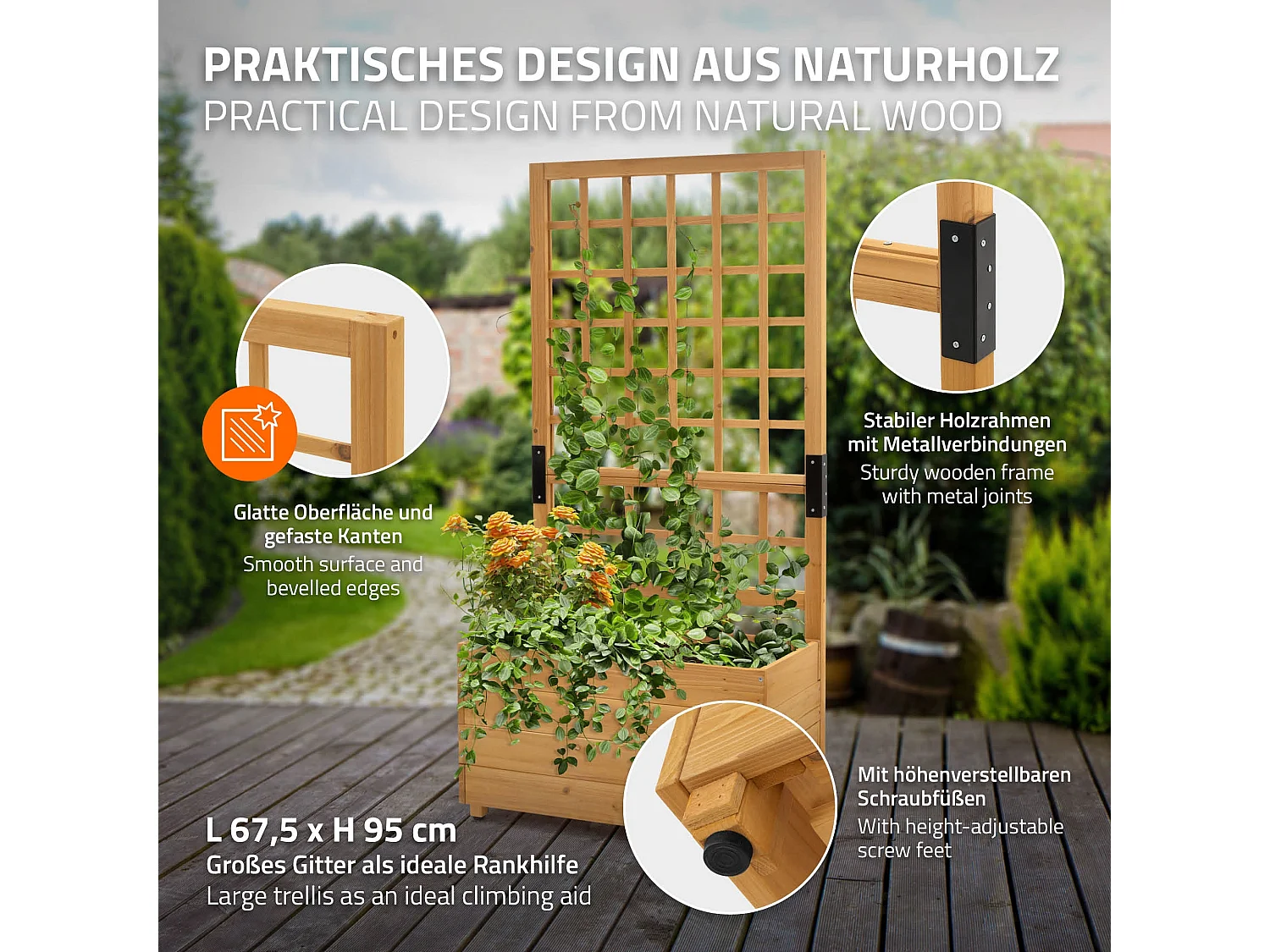 ML-Design Fioriera con grigliato 67,5x139x36,5cm marrone in legno massello vaso da esterno con spalliera per rampicanti per balcone giardino terrazzo