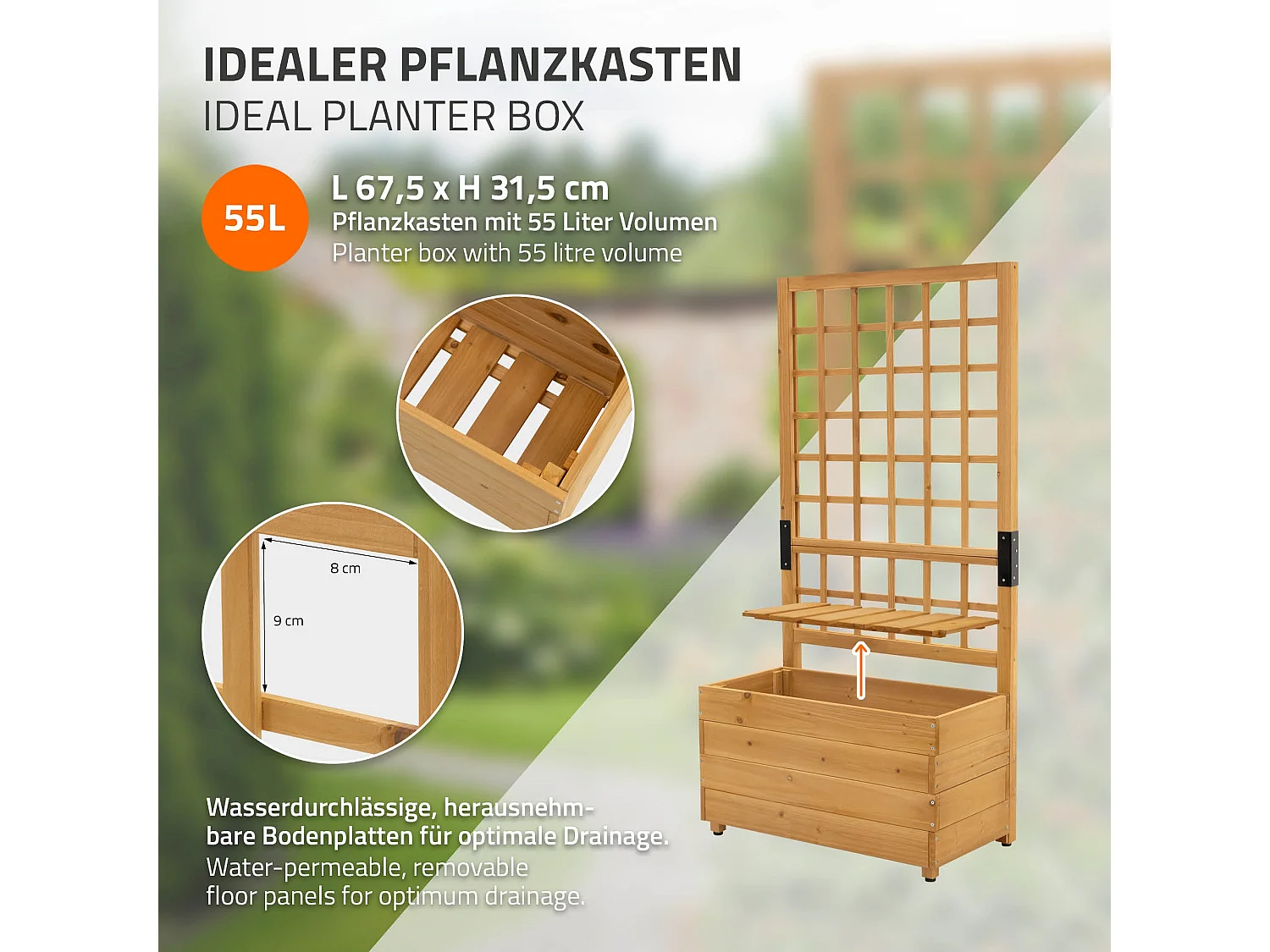 ML-Design Fioriera con grigliato 67,5x139x36,5cm marrone in legno massello vaso da esterno con spalliera per rampicanti per balcone giardino terrazzo