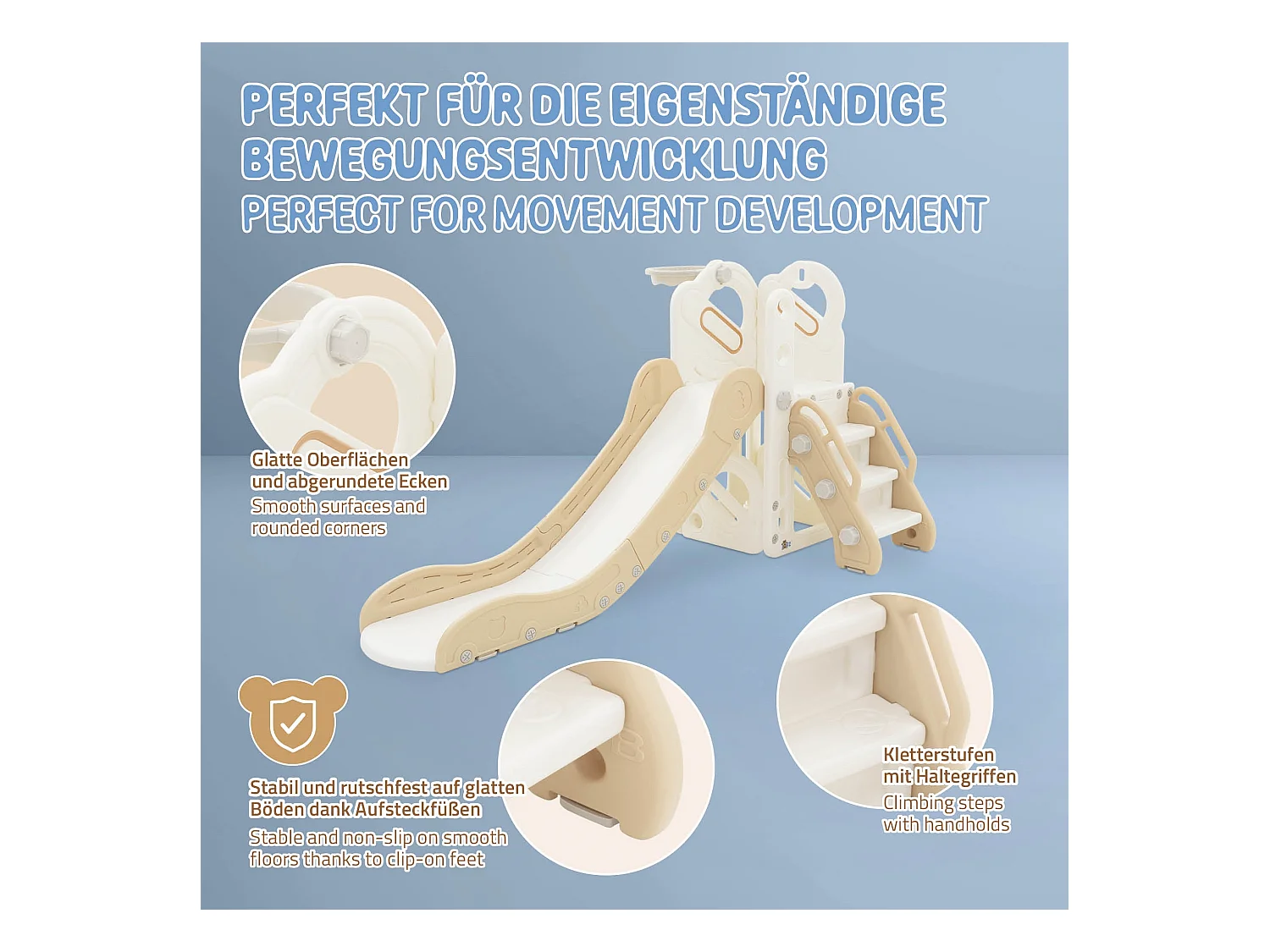 Toboggan pour enfants avec panier de basket-ball en plastique HDPE/PP blanc/beige/gris ballon et pompe à air inclus convient à partir de 3 ans