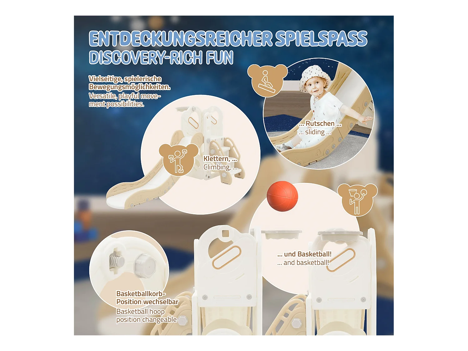 Toboggan pour enfants avec panier de basket-ball en plastique HDPE/PP blanc/beige/gris ballon et pompe à air inclus convient à partir de 3 ans