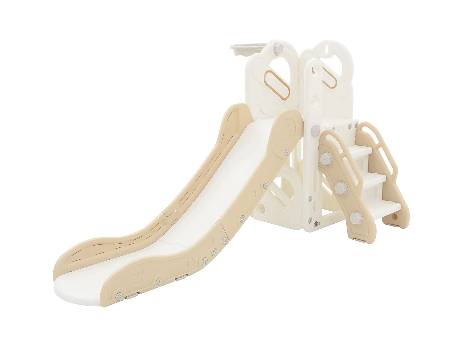 Joyz Scivolo con canestro da basket per bambini torre gioco 3 in 1 bianco beige da interno ed esterno con struttura in plastica per piccoli dai 3 anni