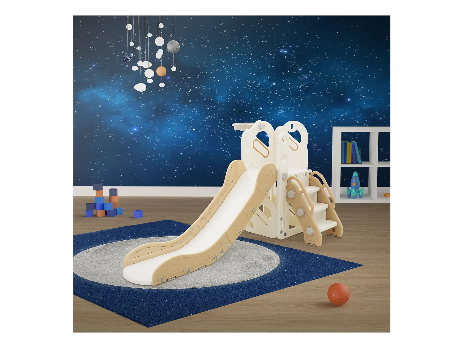 Joyz Scivolo con canestro da basket per bambini torre gioco 3 in 1 bianco beige da interno ed esterno con struttura in plastica per piccoli dai 3 anni