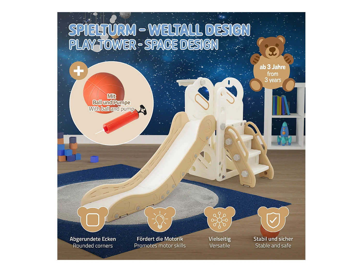 Joyz Scivolo con canestro da basket per bambini torre gioco 3 in 1 bianco beige da interno ed esterno con struttura in plastica per piccoli dai 3 anni