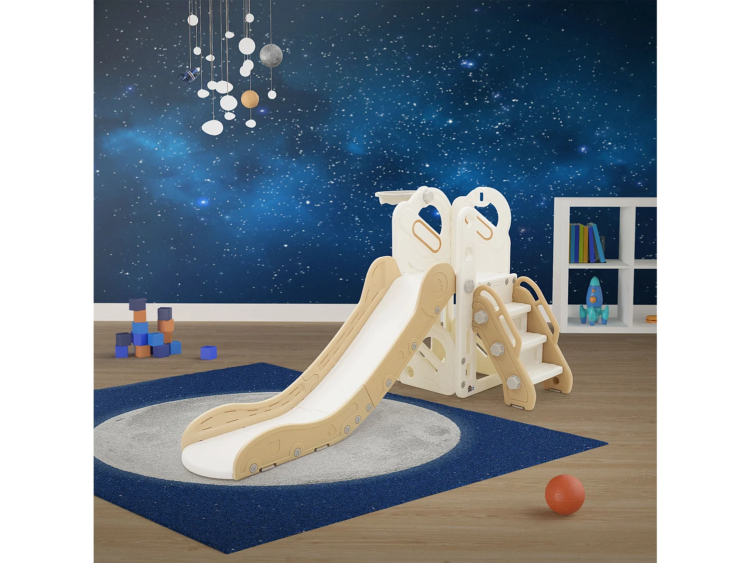 Toboggan pour enfants avec panier de basket-ball en plastique HDPE/PP blanc/beige/gris ballon et pompe à air inclus convient à partir de 3 ans