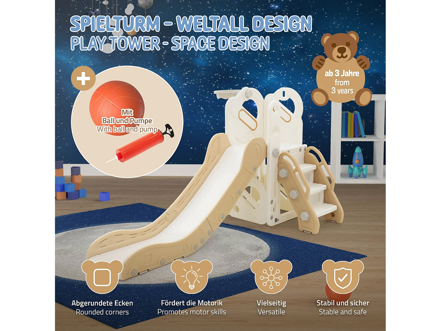 Toboggan pour enfants avec panier de basket-ball en plastique HDPE/PP blanc/beige/gris ballon et pompe à air inclus convient à partir de 3 ans