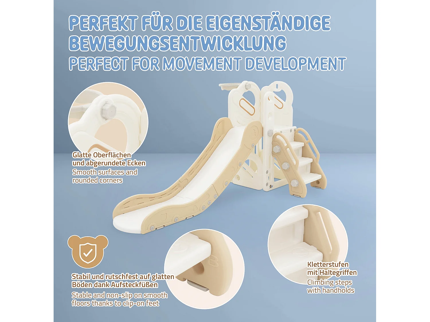 Toboggan pour enfants avec panier de basket-ball en plastique HDPE/PP blanc/beige/gris ballon et pompe à air inclus convient à partir de 3 ans