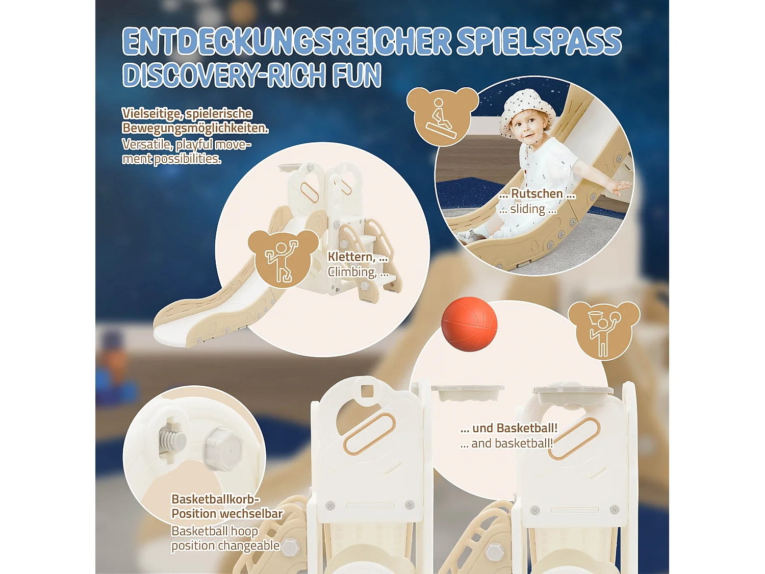 Toboggan pour enfants avec panier de basket-ball en plastique HDPE/PP blanc/beige/gris ballon et pompe à air inclus convient à partir de 3 ans