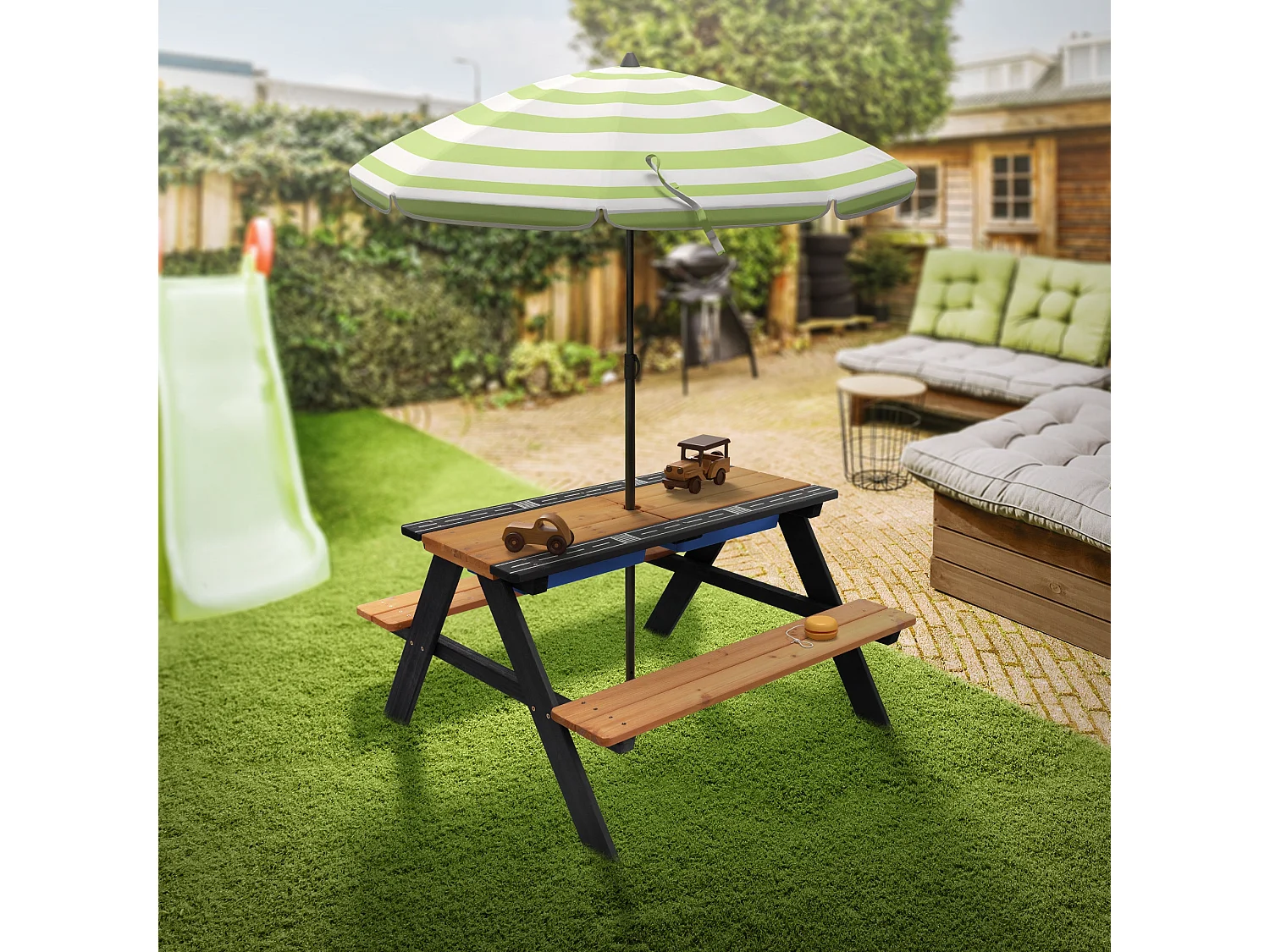 Ensemble de sièges pour enfants brun natural en bois massif comprenant 2 bacs plateau amovible table de pique-nique avec 4 places ideal pour jardín