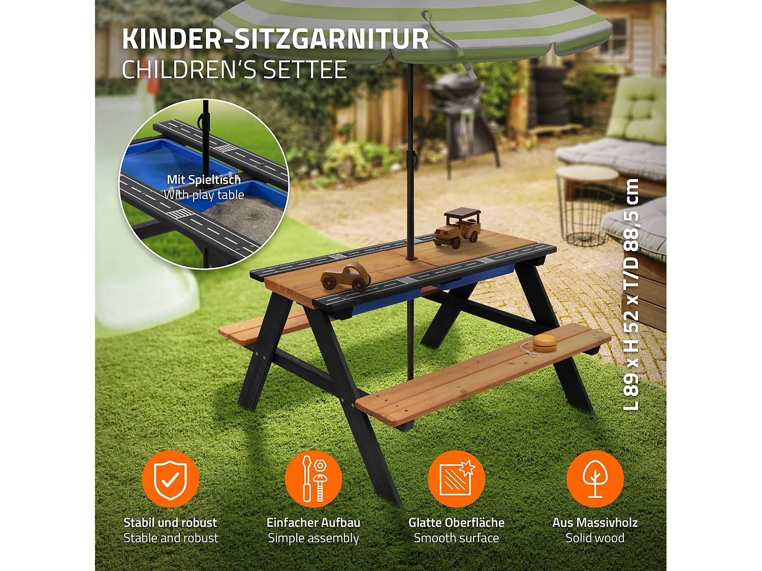 Ensemble de sièges pour enfants brun natural en bois massif comprenant 2 bacs plateau amovible table de pique-nique avec 4 places ideal pour jardín