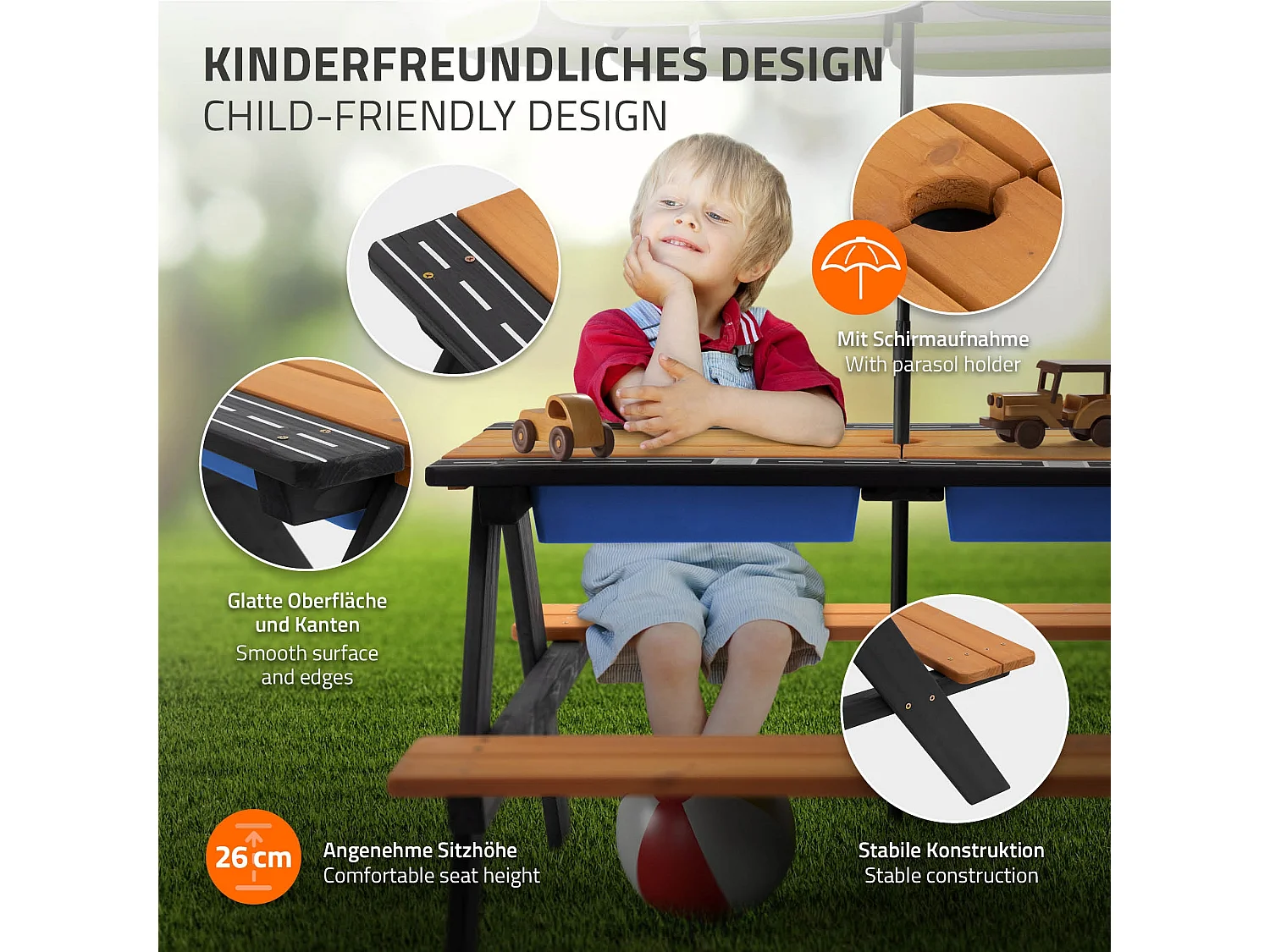 Ensemble de sièges pour enfants brun natural en bois massif comprenant 2 bacs plateau amovible table de pique-nique avec 4 places ideal pour jardín