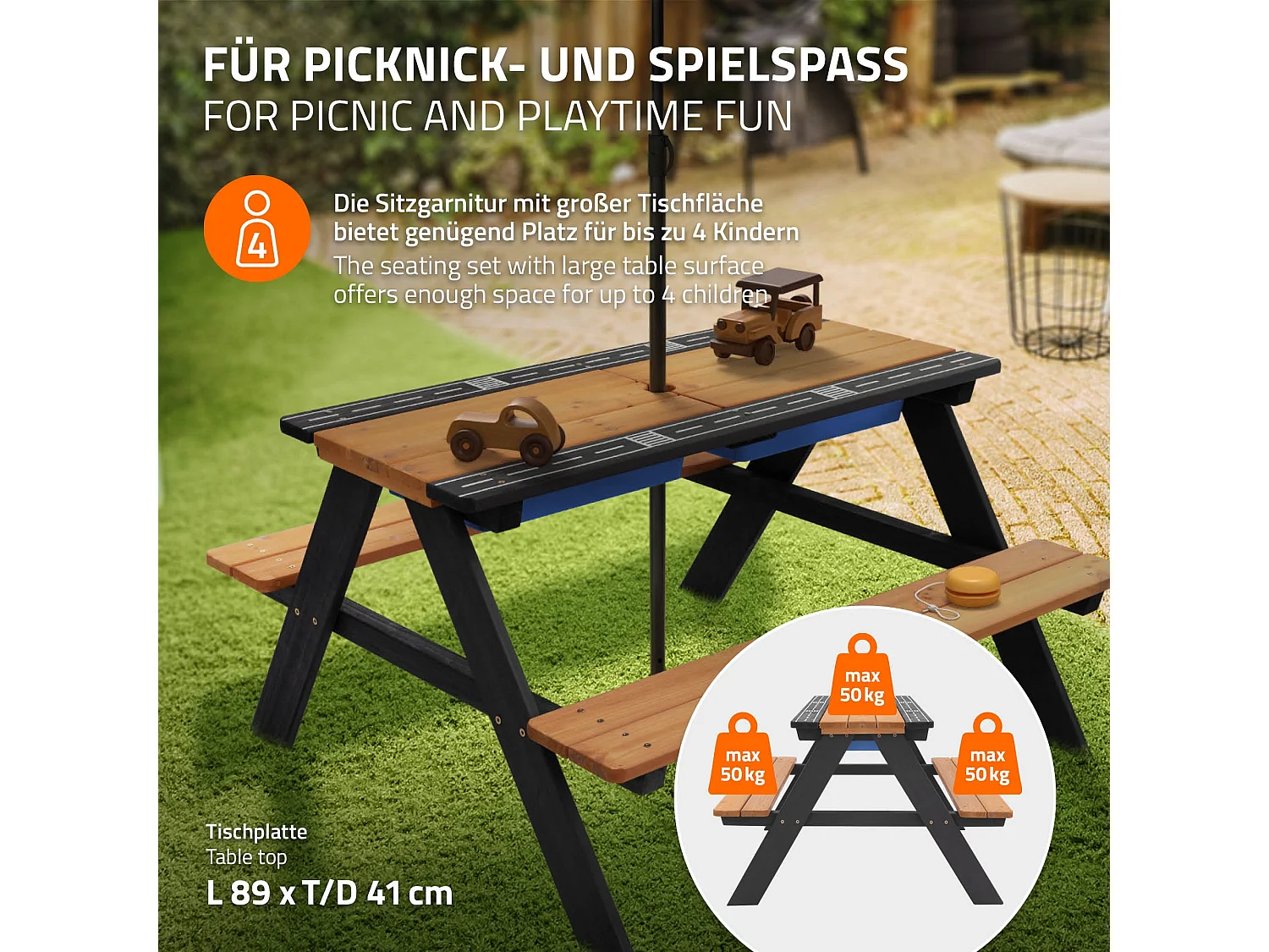 Ensemble de sièges pour enfants brun natural en bois massif comprenant 2 bacs plateau amovible table de pique-nique avec 4 places ideal pour jardín
