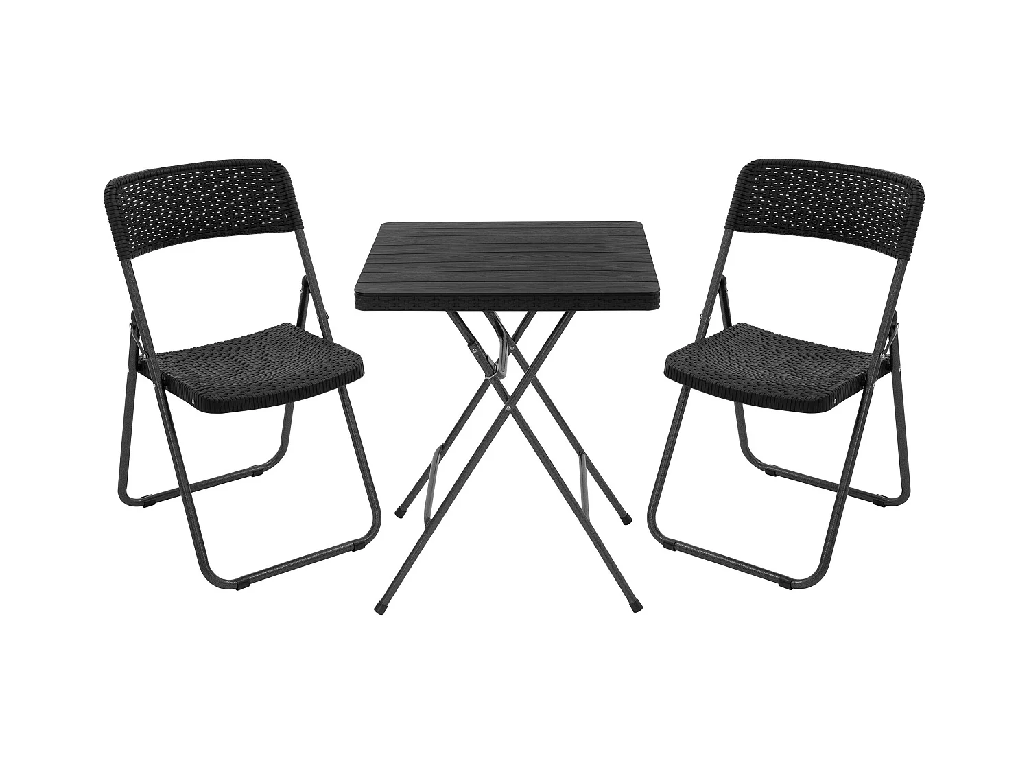 Ensemble de meubles de terrasse 1 table et 2 chaises pliantes noir aspect rotin avec cadre métallique résistant aux intempéries protections de sol