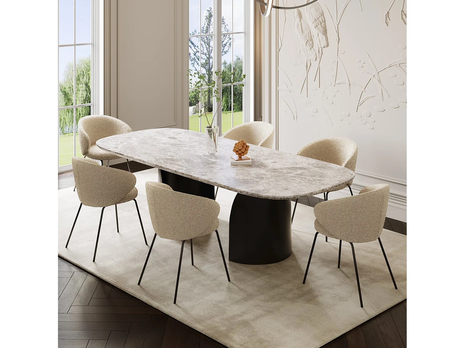 Lot de 2 chaises bouclette crème et pieds noirs LUNA