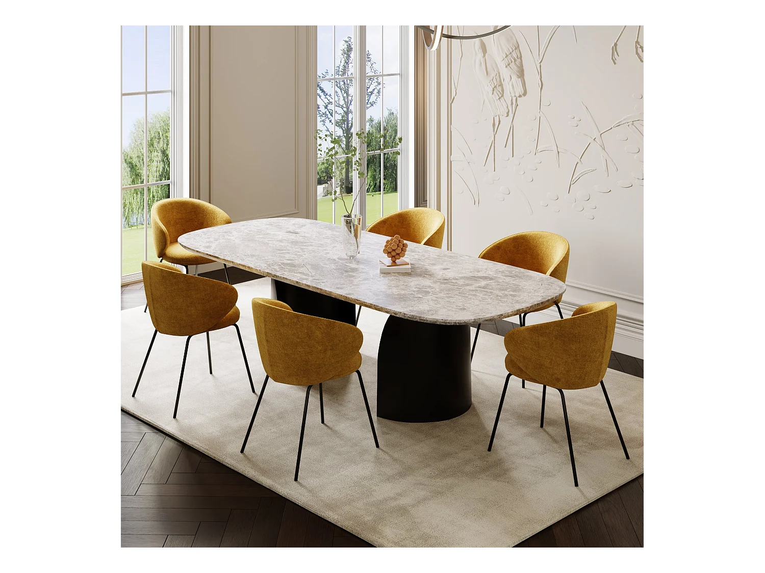 Lot de 2 chaises velours texturé moutarde et pieds noirs LUNA