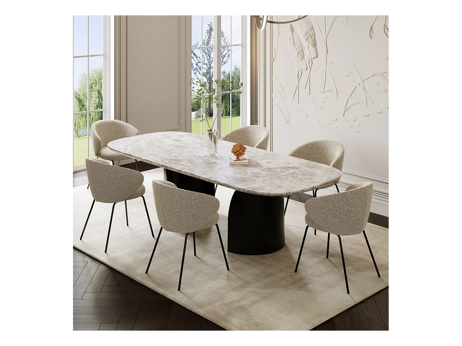 Lot de 2 chaises bouclette beige et pieds noirs LUNA