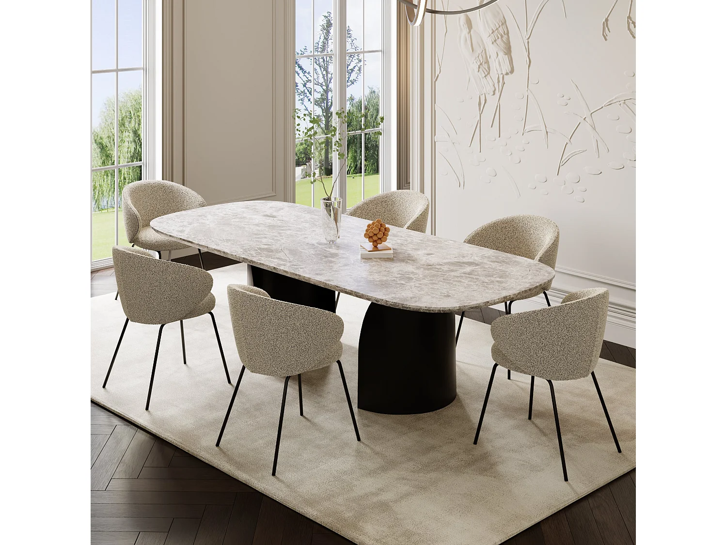 Lot de 2 chaises bouclette beige et pieds noirs LUNA