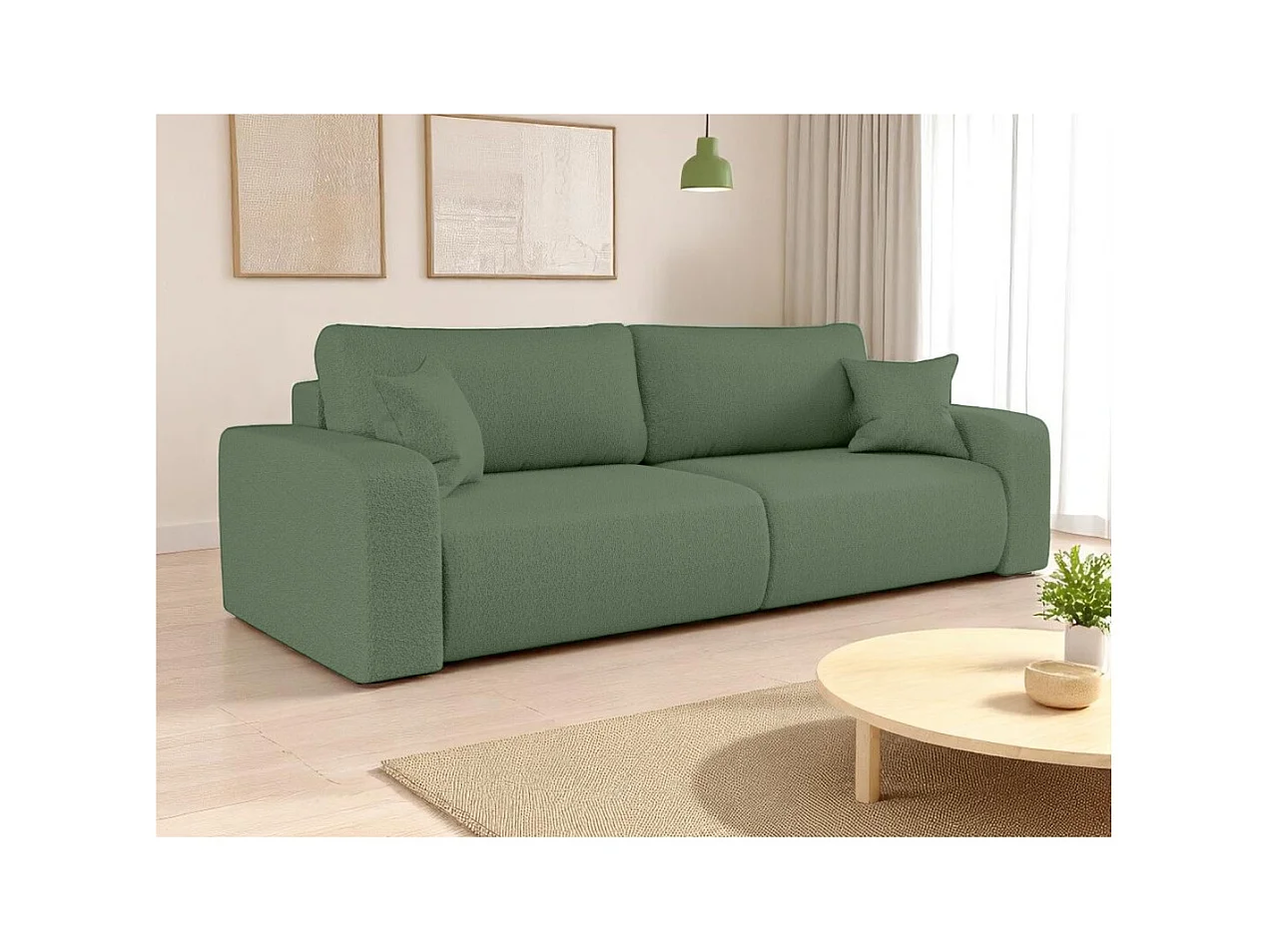 Canapé droit 3 places ALYA convertible en tissu bouclette - Vert