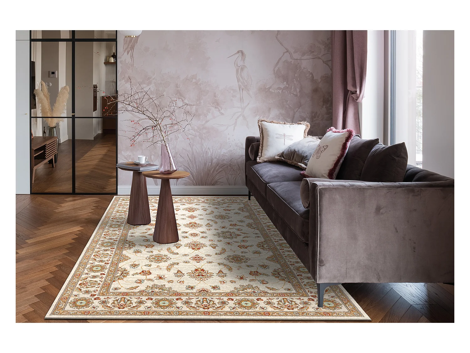 Tapis en laine SOHO 477.15.LA102 OSTA Ornement, cadre naturel beige /  67x130 cm