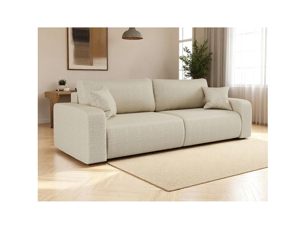 Canapé droit 3 places ALYA convertible en tissu bouclette - Beige