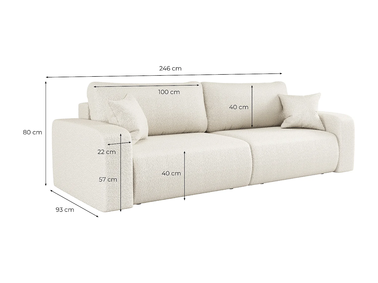 Canapé droit 3 places ALYA convertible en tissu bouclette - Beige