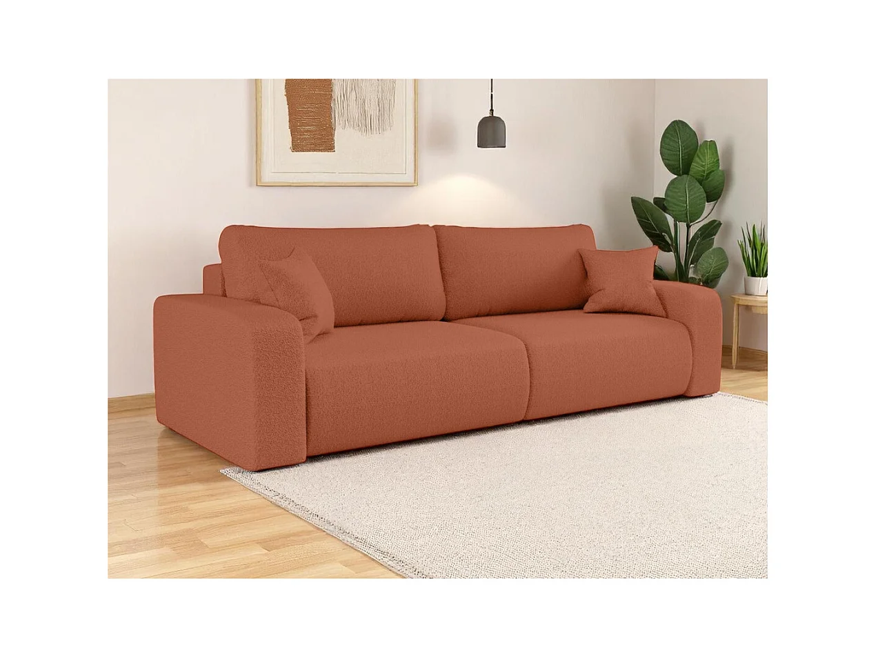 Canapé droit 3 places ALYA convertible en tissu bouclette - Terracotta