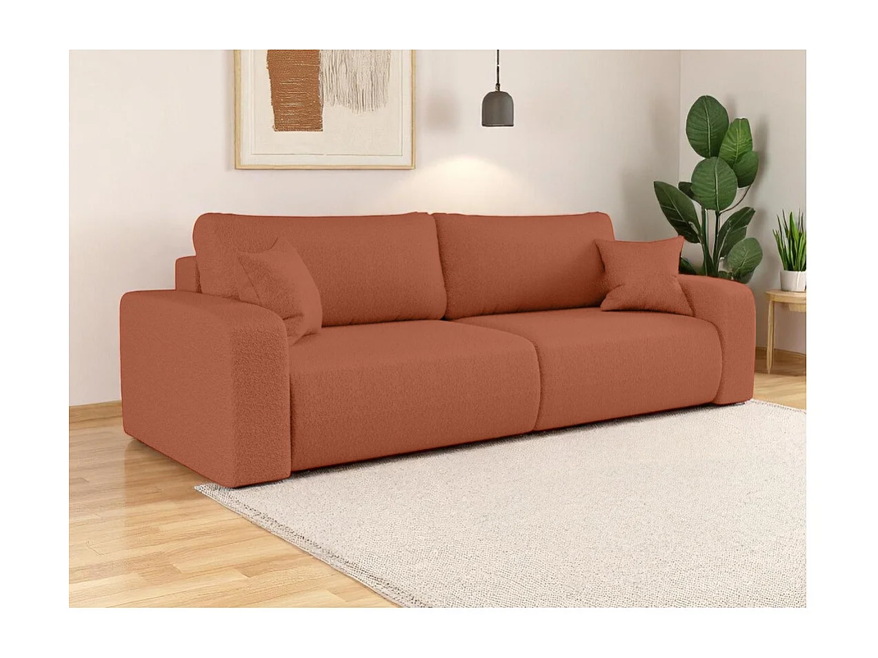 Canapé droit 3 places ALYA convertible en tissu bouclette - Terracotta