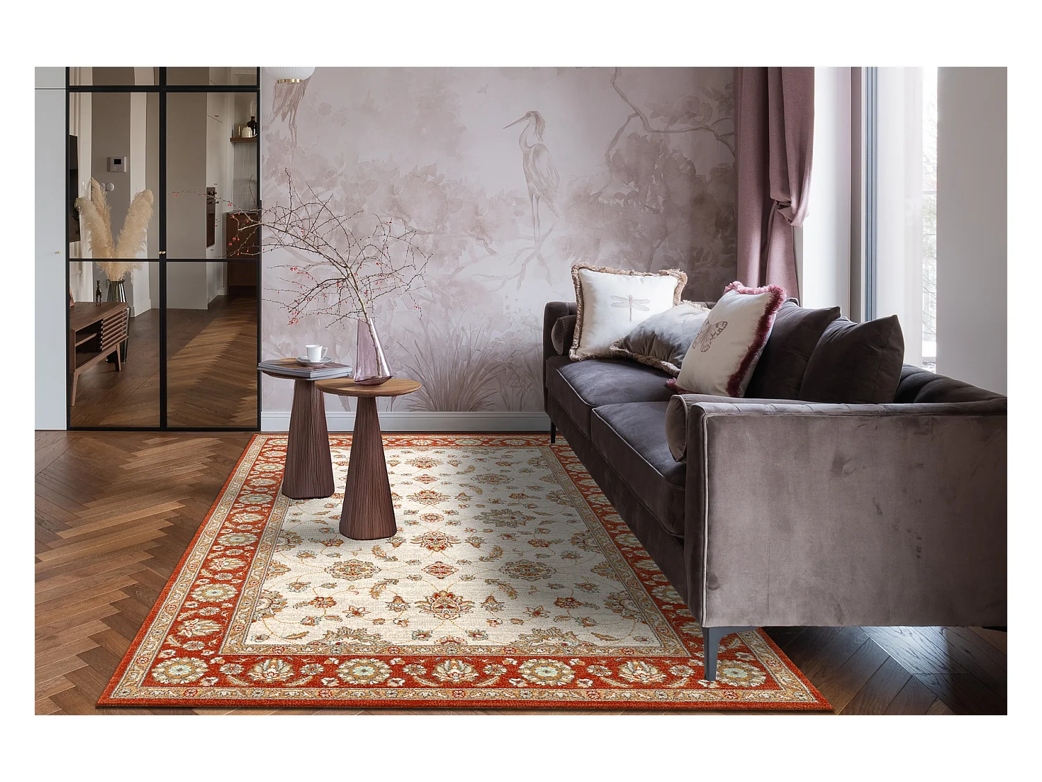 Tapis en laine SOHO 477.15.LA103 OSTA Ornement, cadre naturel beige /  67x130 cm