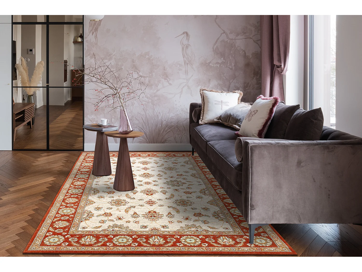 Tapis en laine SOHO 477.15.LA103 OSTA Ornement, cadre naturel beige /  67x130 cm