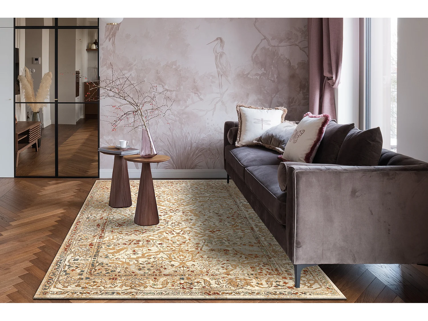 Tapis en laine SOHO 477.04.LA110 OSTA - Fleurs, cadre, naturel beige / 160x240 cm