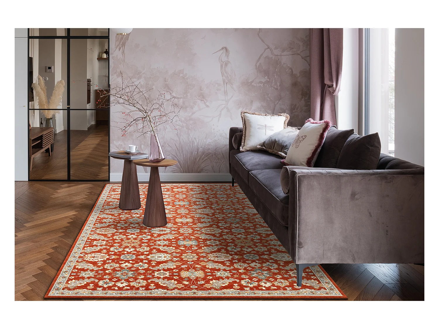Tapis en laine SOHO 477.07.LA300 OSTA - Fleurs, cadre, naturel terre c 160x240 cm