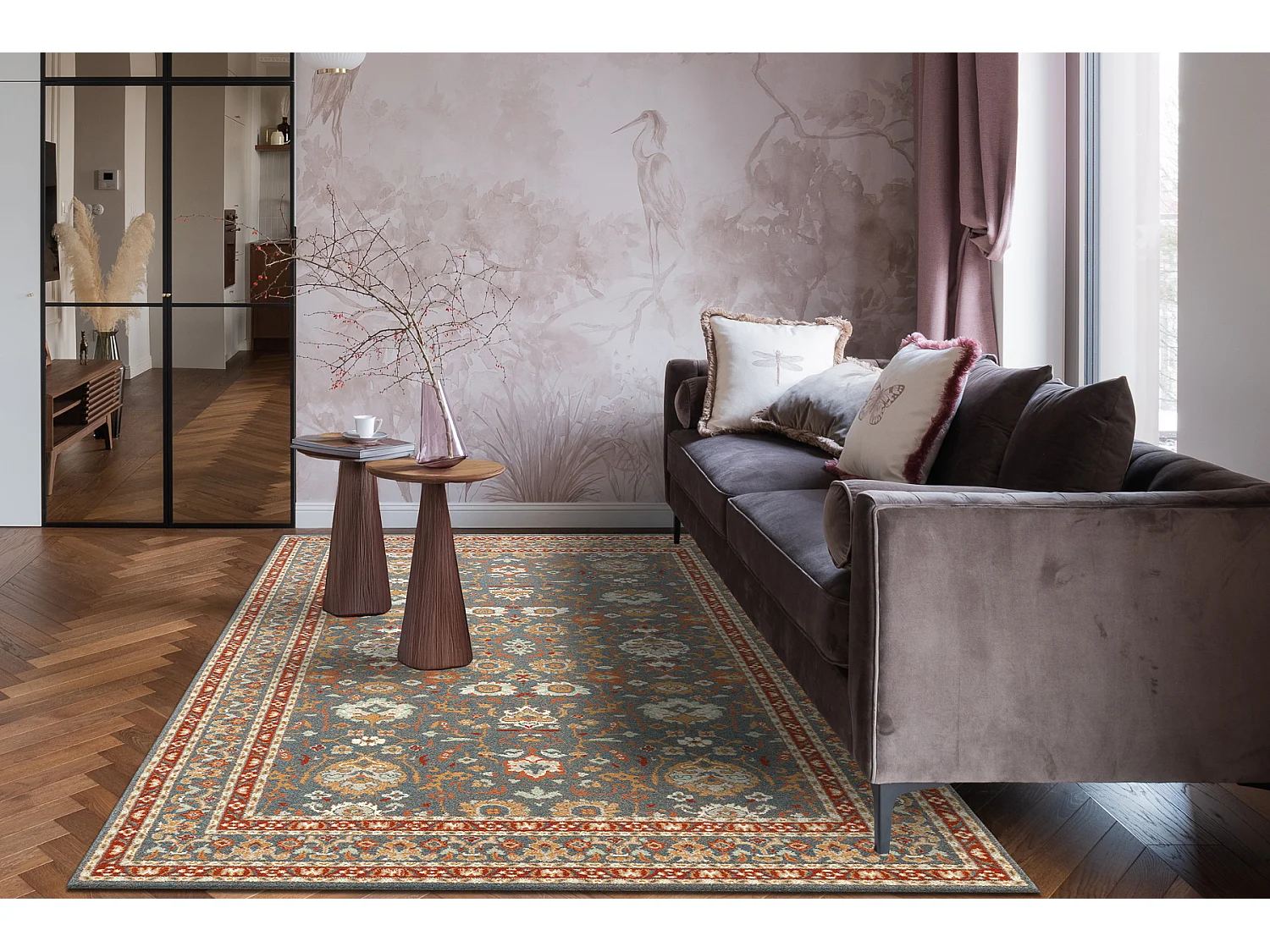 Tappeto in lana SOHO 477.26.LA500 OSTA Ornamento, cornice naturale blu 200x300 cm