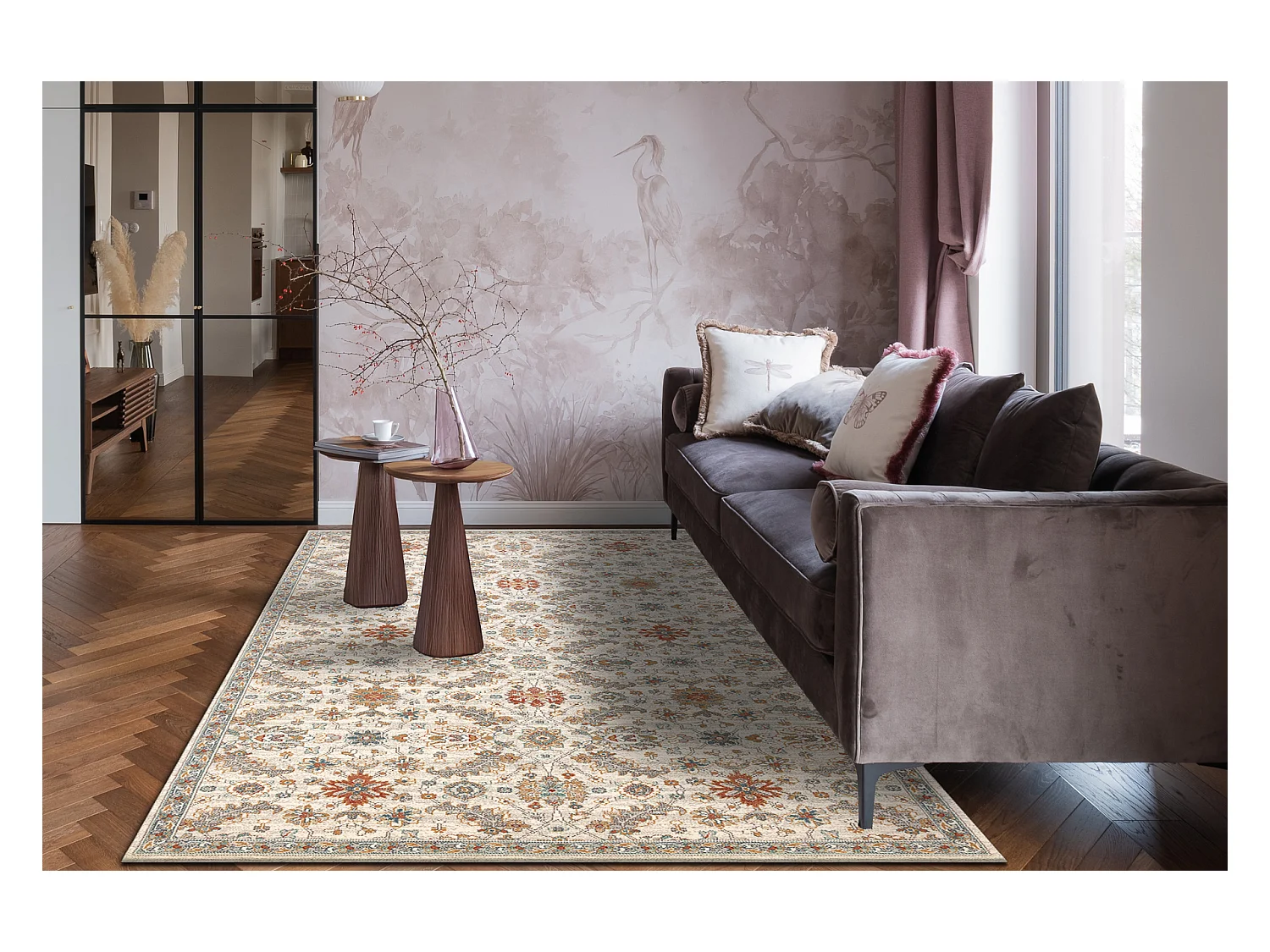 Tapis en laine SOHO 477.07.LA100 OSTA - Fleurs, cadre, naturel beige / 80x160 cm