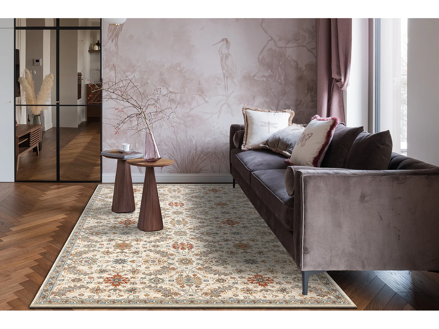 Tapis en laine SOHO 477.07.LA100 OSTA - Fleurs, cadre, naturel beige / 120x170 cm