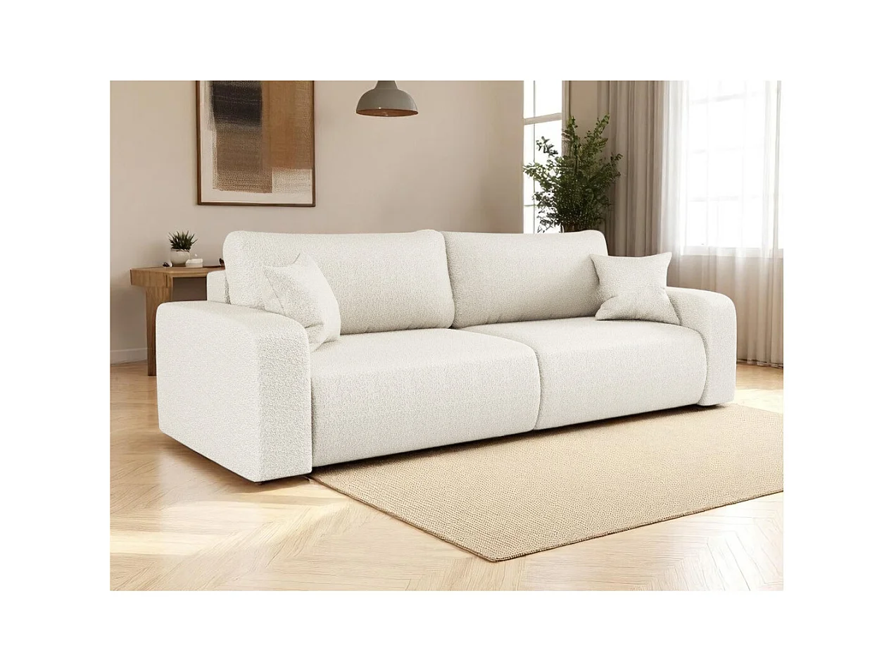 Canapé droit 3 places ALYA convertible en tissu bouclette - Blanc