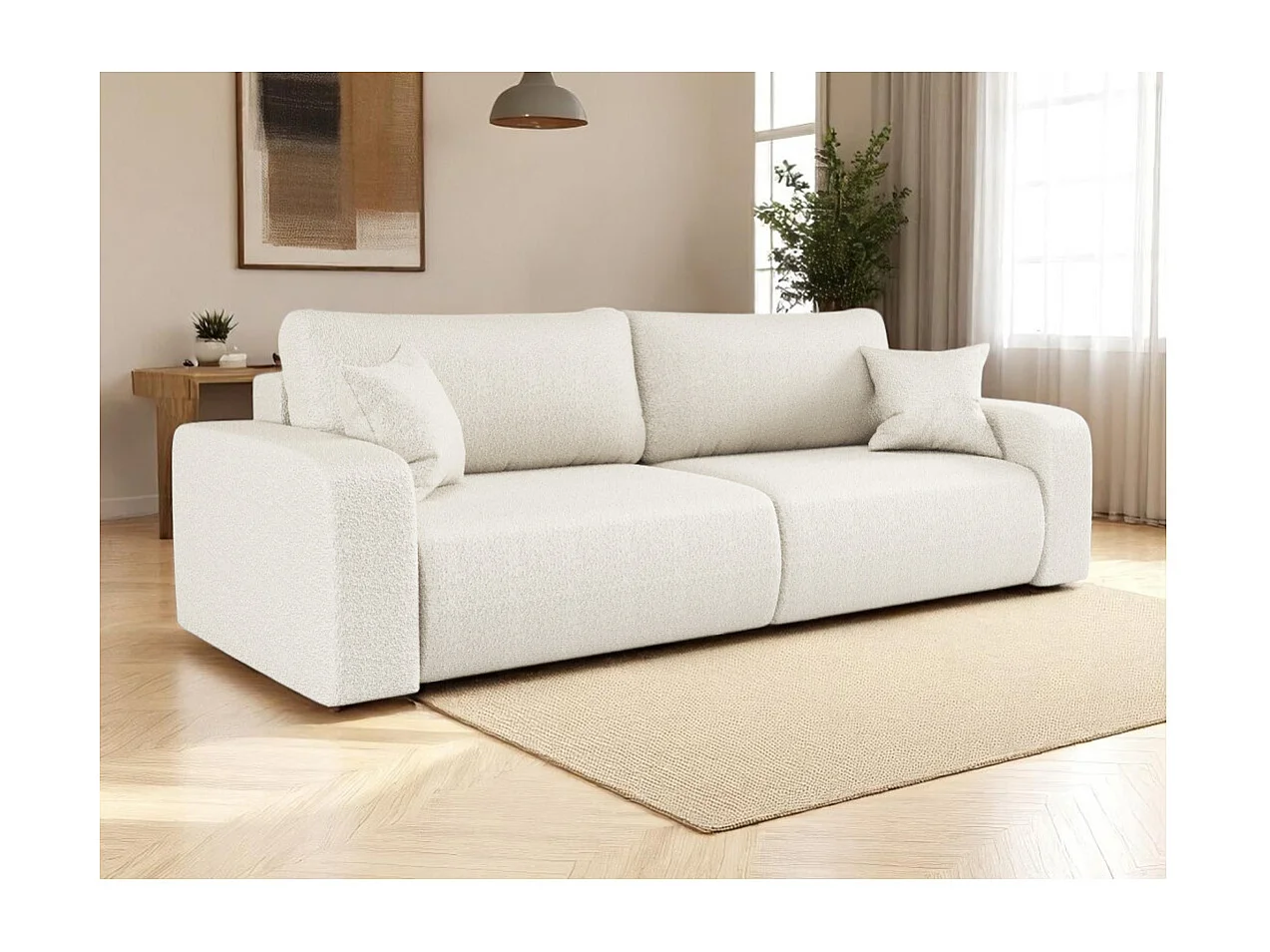 Canapé droit 3 places ALYA convertible en tissu bouclette - Blanc