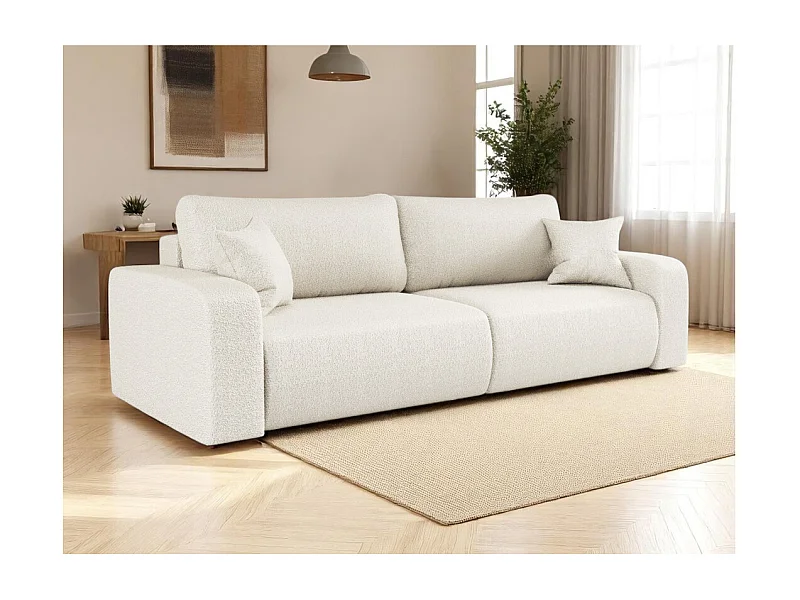 Canapé droit 3 places ALYA convertible en tissu bouclette - Blanc