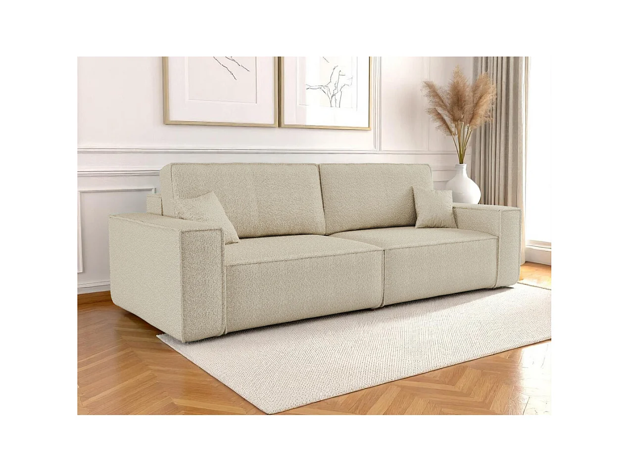 Canapé droit 3 places FARAH convertible en tissu bouclette - Beige